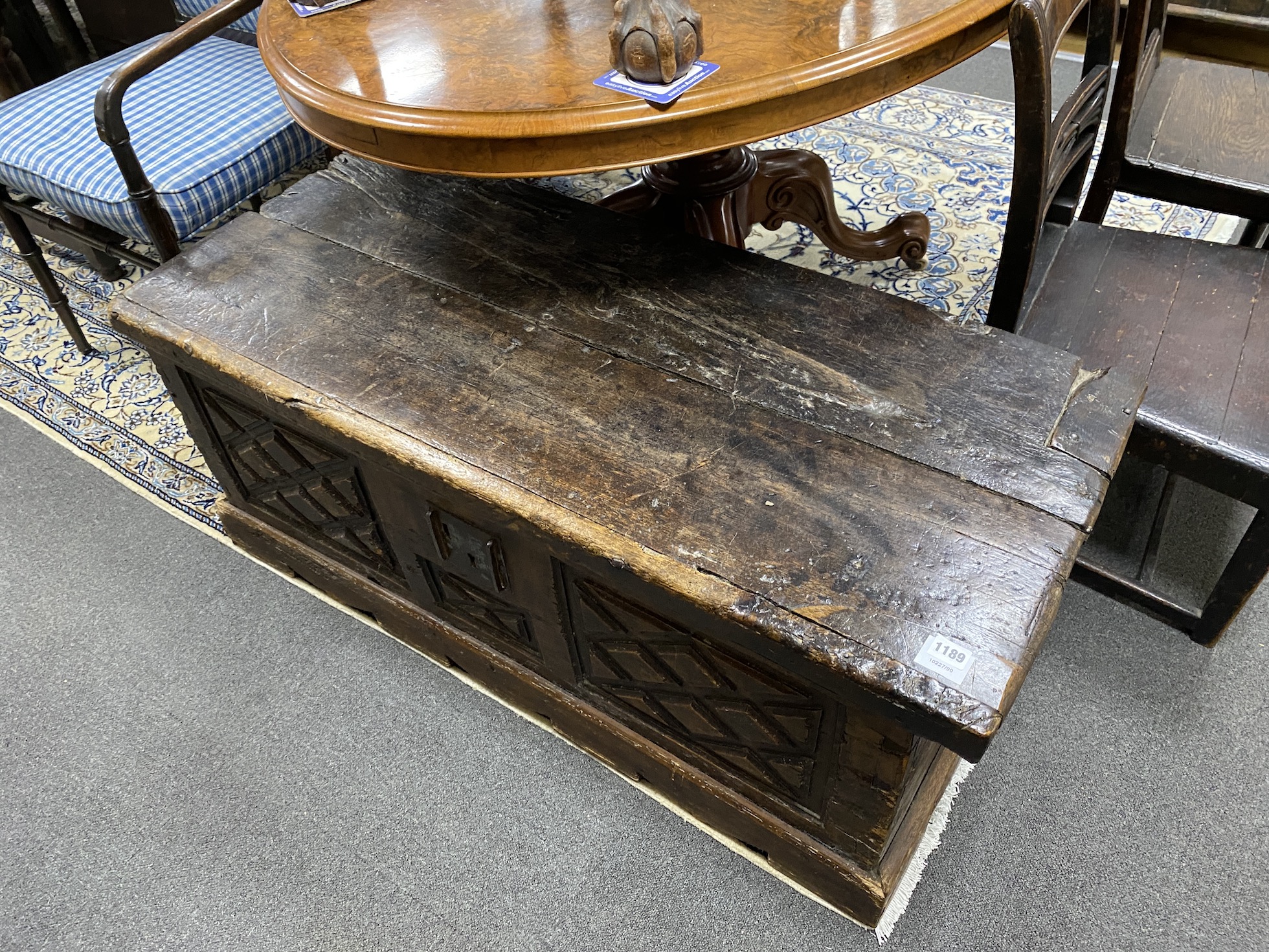 An 18th century Spanish carved walnut coffer, length 114cm, depth 49cm, height 47cm